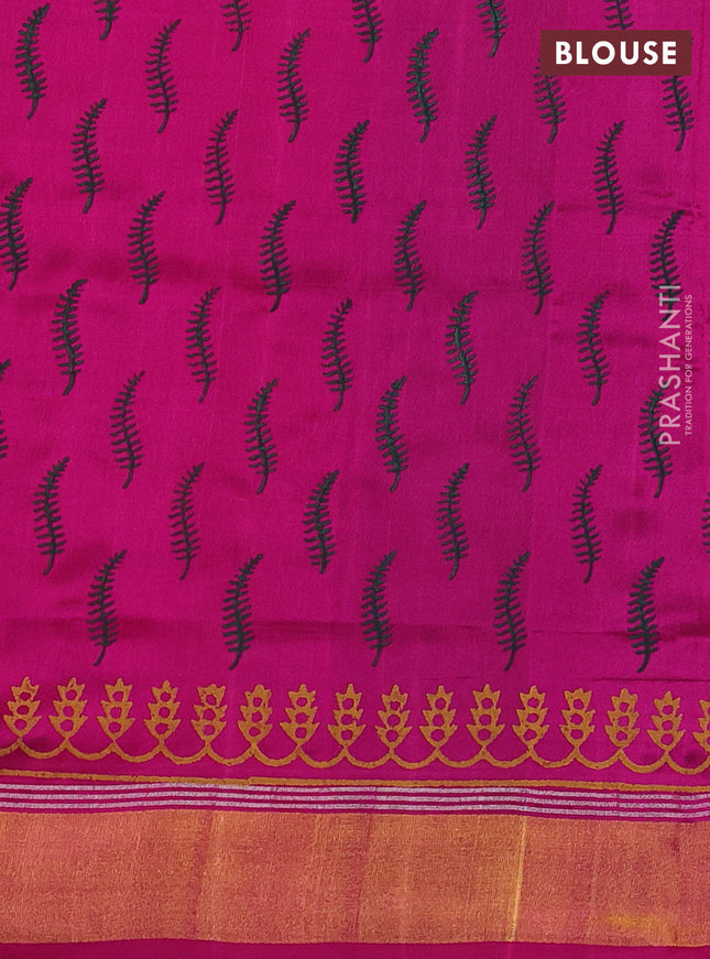 Uppada block printed silk saree green and pink with leaf butta prints and zari woven border