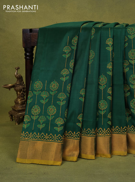 Uppada block printed silk saree green and mustard yellow with allover floral butta prints and zari woven border