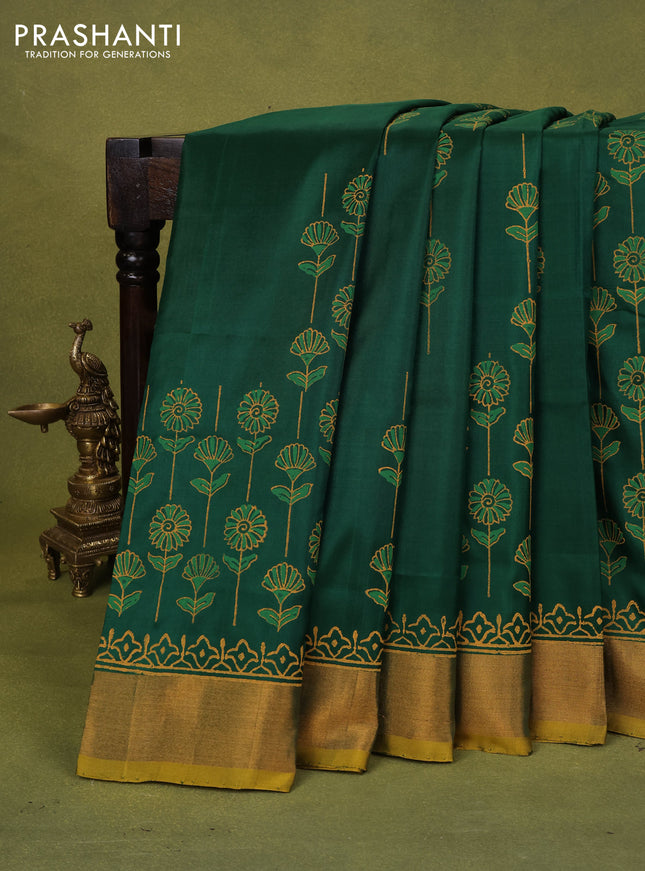 Uppada block printed silk saree green and mustard yellow with allover floral butta prints and zari woven border