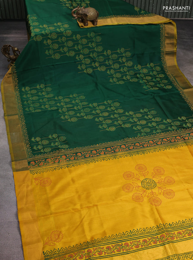 Uppada block printed silk saree green and mustard yellow with allover floral butta prints and zari woven border
