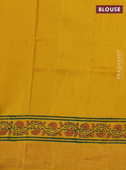 Uppada block printed silk saree green and mustard yellow with allover floral butta prints and zari woven border
