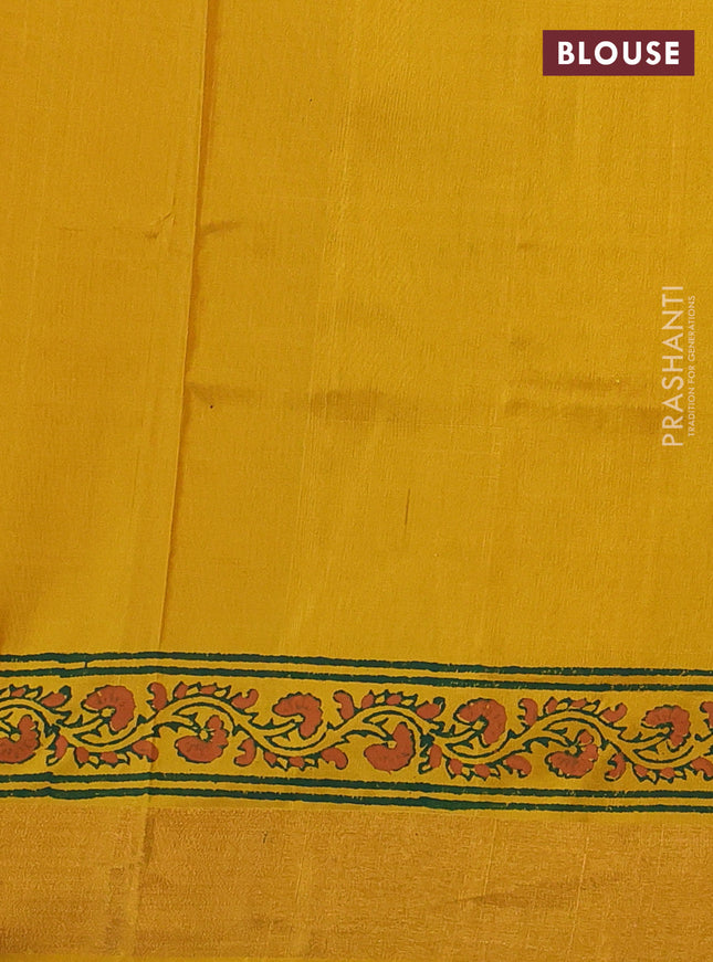 Uppada block printed silk saree green and mustard yellow with allover floral butta prints and zari woven border