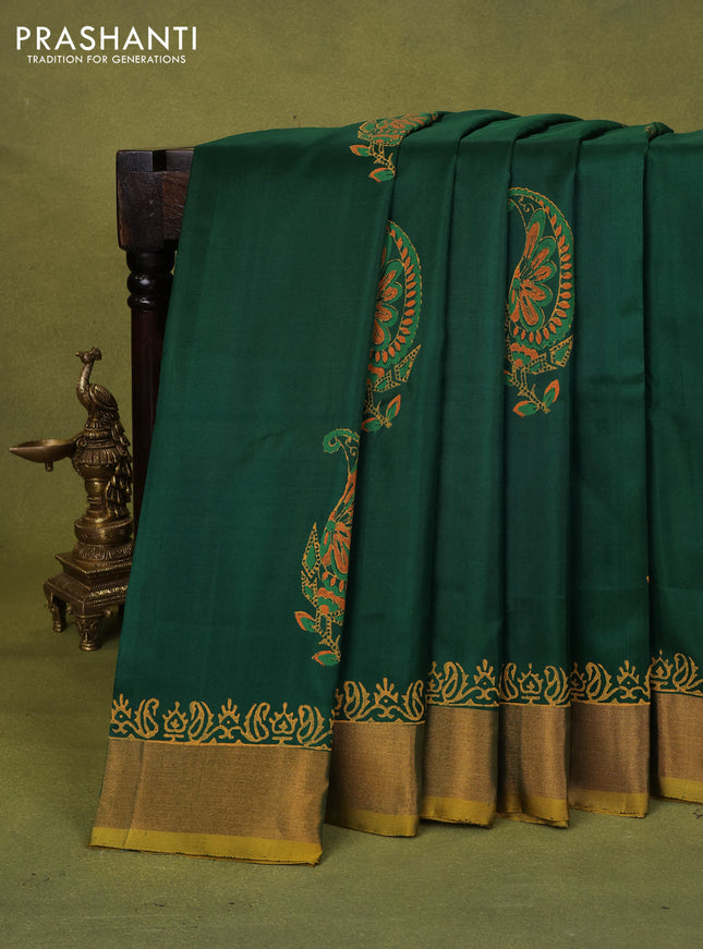 Uppada block printed silk saree green and mustard yellow with paisley butta prints and zari woven border