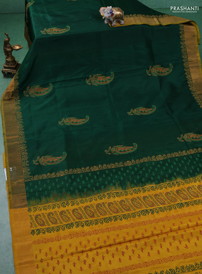Uppada block printed silk saree green and mustard yellow with paisley butta prints and zari woven border