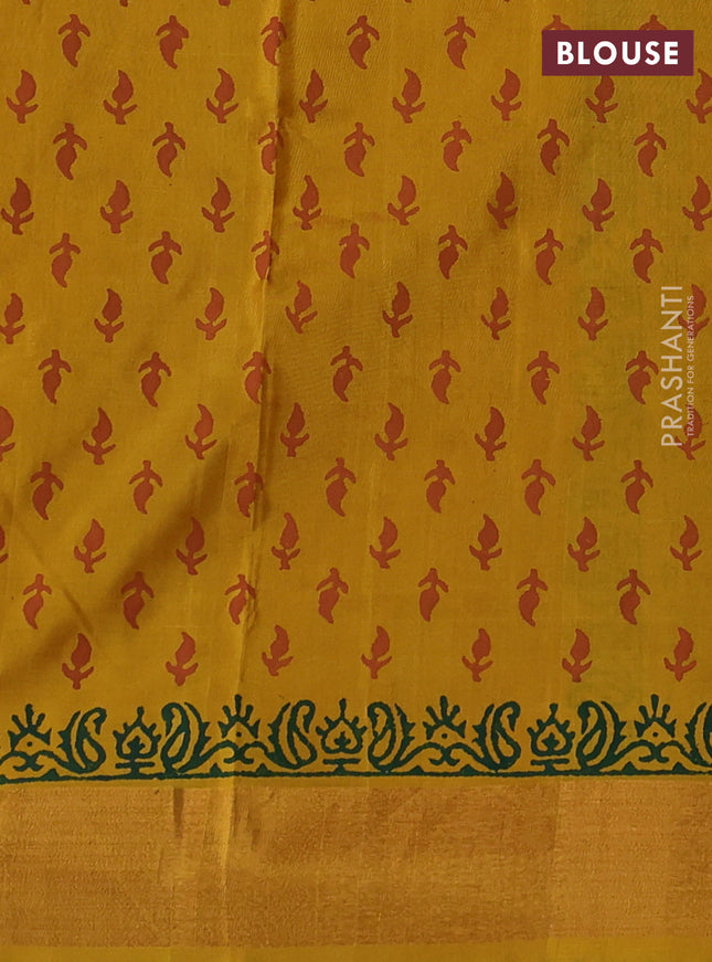 Uppada block printed silk saree green and mustard yellow with paisley butta prints and zari woven border