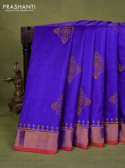 Uppada block printed silk saree blue and dual shade of pinkish orange with butta prints and zari woven border