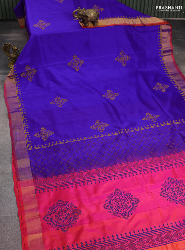 Uppada block printed silk saree blue and dual shade of pinkish orange with butta prints and zari woven border