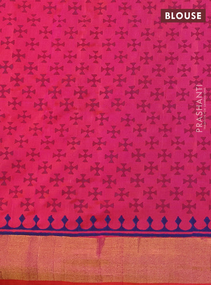 Uppada block printed silk saree blue and dual shade of pinkish orange with butta prints and zari woven border