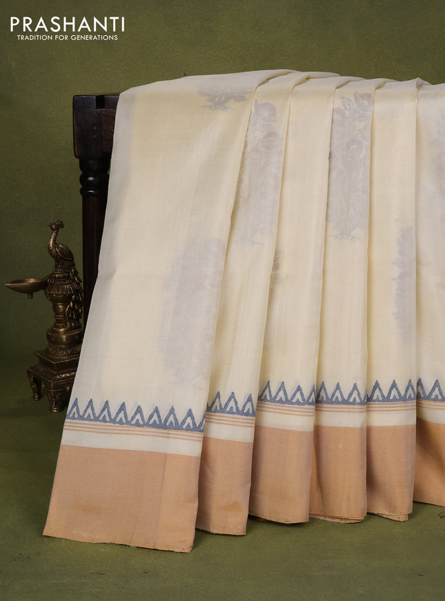 Uppada block printed silk saree cream with floral butta prints and ganga jamuna border