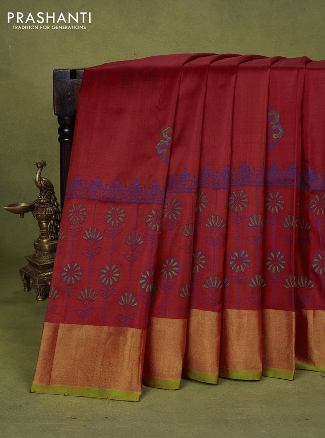 Uppada block printed silk saree red and dual shade of greenish orange with floral butta prints and zari woven border
