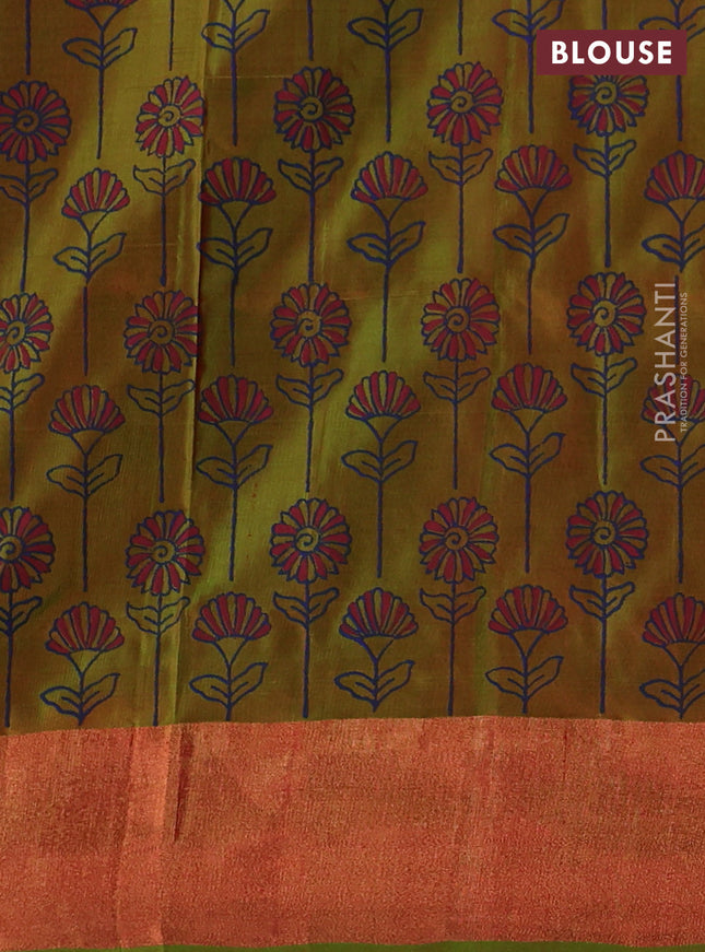 Uppada block printed silk saree red and dual shade of greenish orange with floral butta prints and zari woven border
