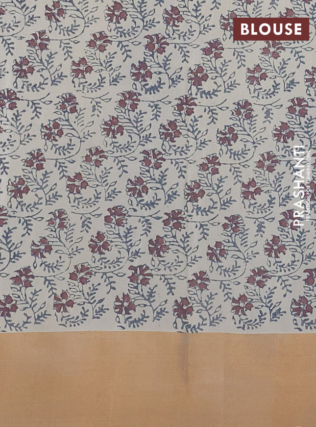 Uppada block printed silk saree cream with floral prints and ganga jamuna border