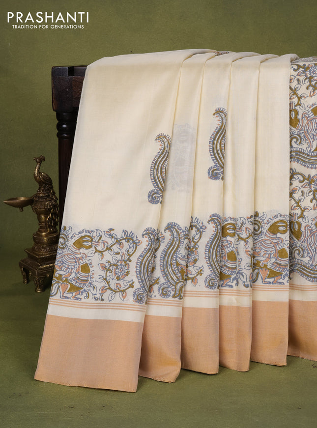Uppada block printed silk saree cream with kalamkari prints and ganga jamuna border