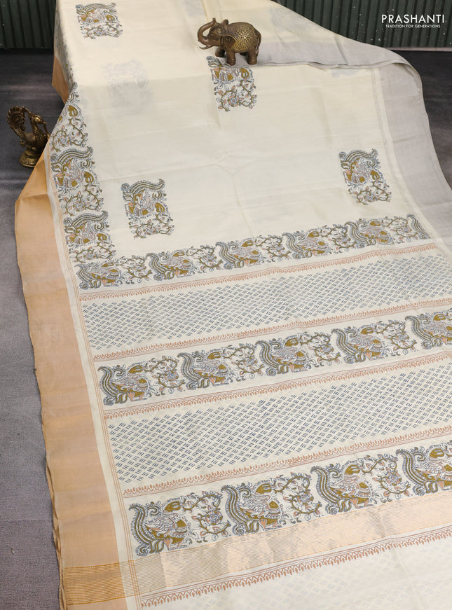 Uppada block printed silk saree cream with kalamkari prints and ganga jamuna border