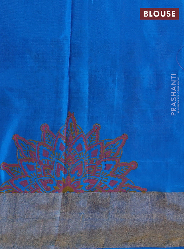 Uppada block printed silk saree peach pink and cs blue with floral prints and zari woven border