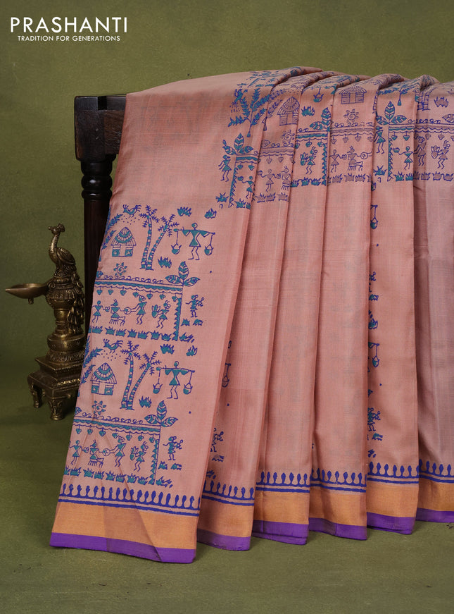 Uppada block printed silk saree beige and blue with warli prints and zari woven border