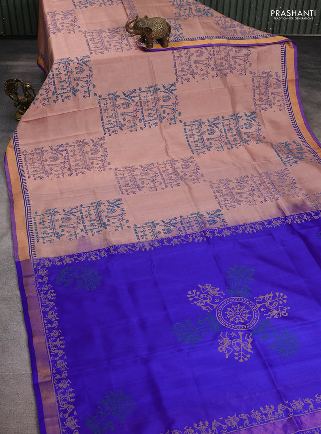 Uppada block printed silk saree beige and blue with warli prints and zari woven border