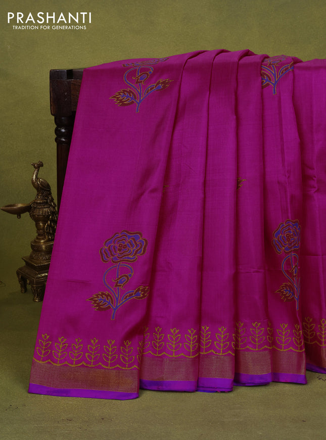 Uppada block printed silk saree pink and blue with floral butta prints and zari woven border