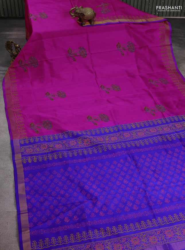 Uppada block printed silk saree pink and blue with floral butta prints and zari woven border