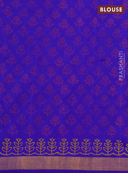 Uppada block printed silk saree pink and blue with floral butta prints and zari woven border