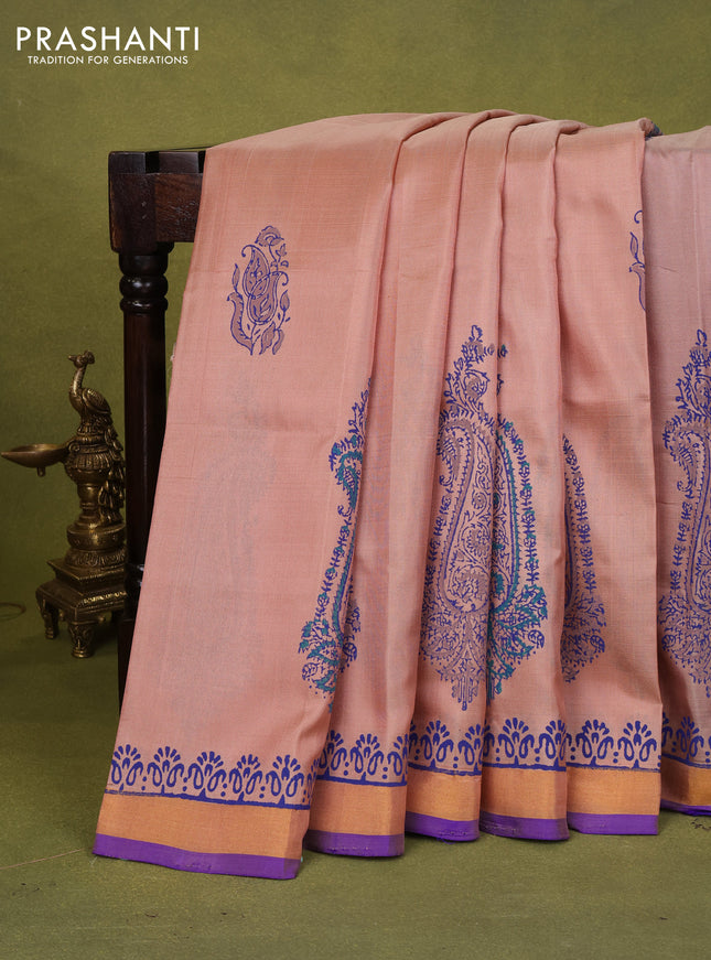 Uppada block printed partly silk saree beige and blue with paisly prints and zari woven border