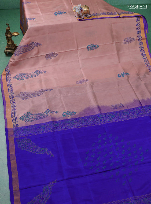 Uppada block printed partly silk saree beige and blue with paisly prints and zari woven border