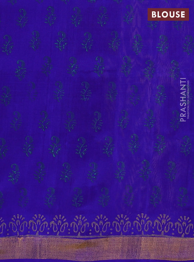 Uppada block printed partly silk saree beige and blue with paisly prints and zari woven border