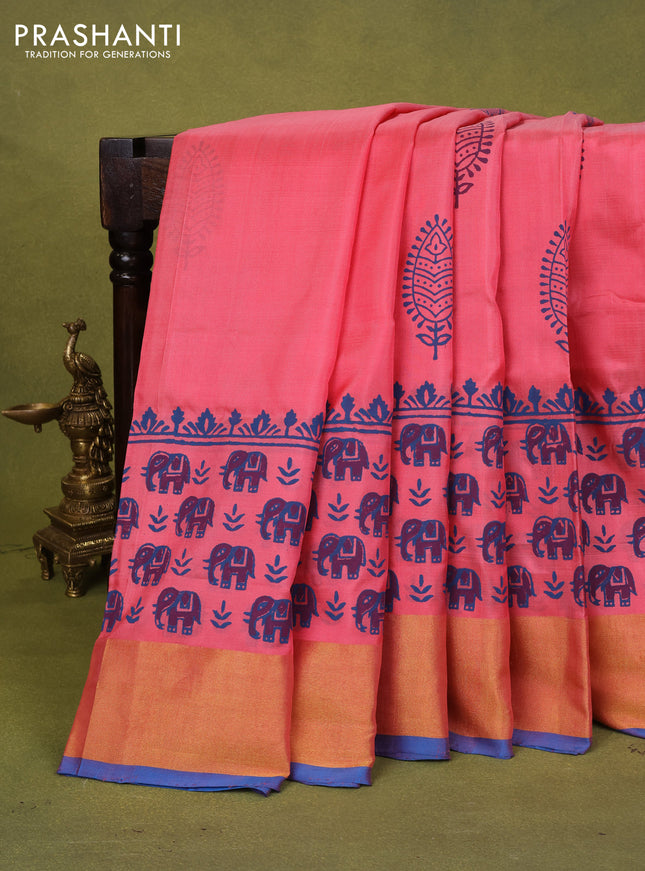 Uppada block printed silk saree peach pink and cs blue with butta prints and zari woven border