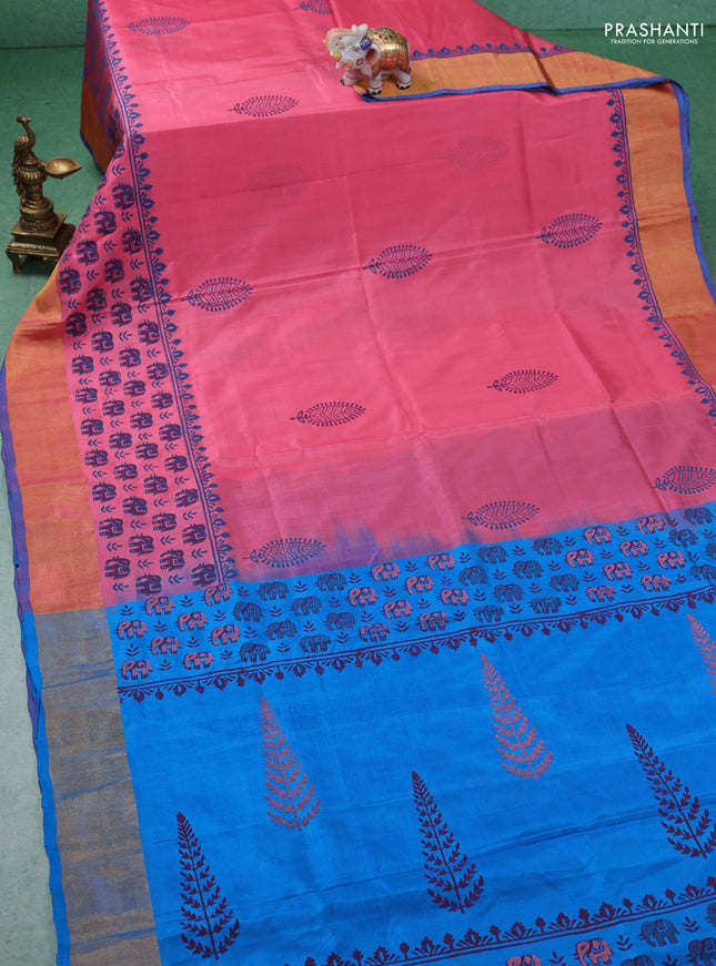 Uppada block printed silk saree peach pink and cs blue with butta prints and zari woven border