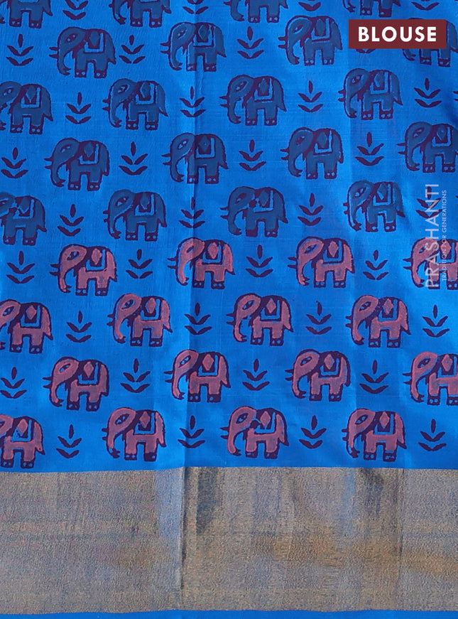 Uppada block printed silk saree peach pink and cs blue with butta prints and zari woven border