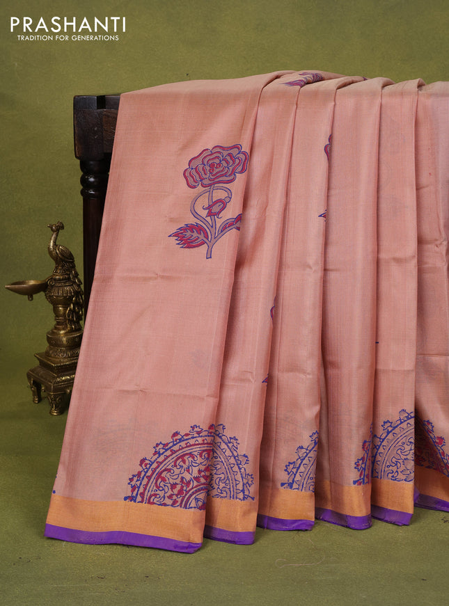 Uppada block printed silk saree beige and blue with floral prints and zari woven border
