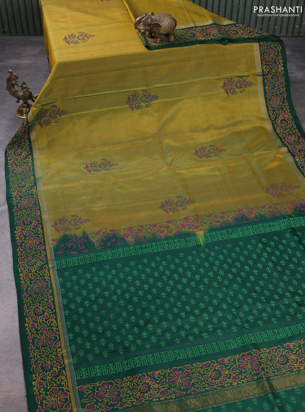 Uppada block printed silk saree dual shade of green and green with floral prints and zari woven border
