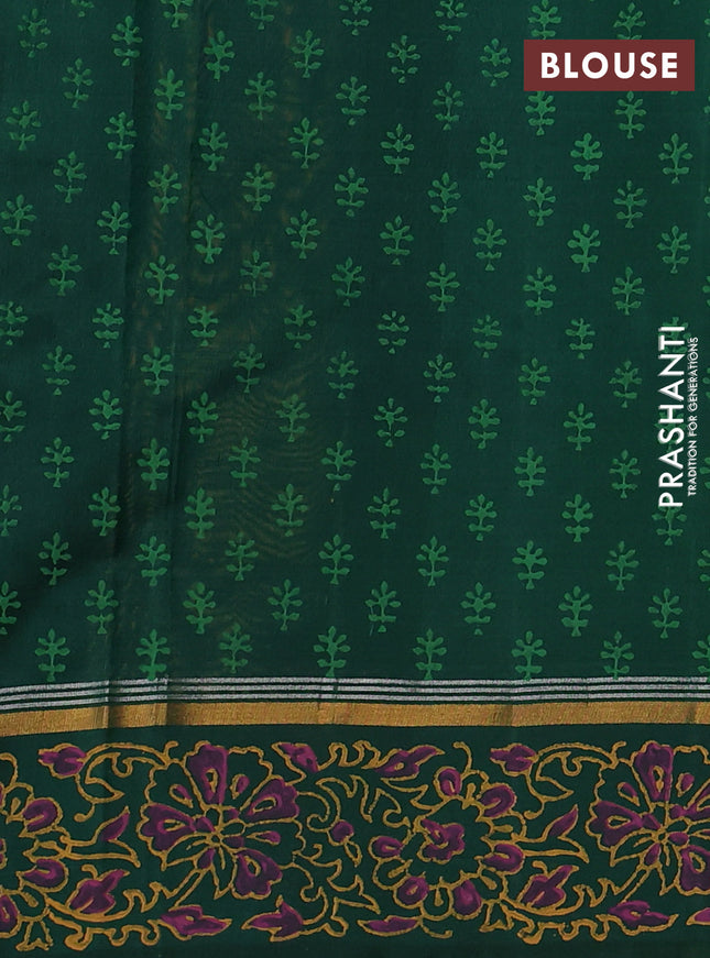 Uppada block printed silk saree dual shade of green and green with floral prints and zari woven border