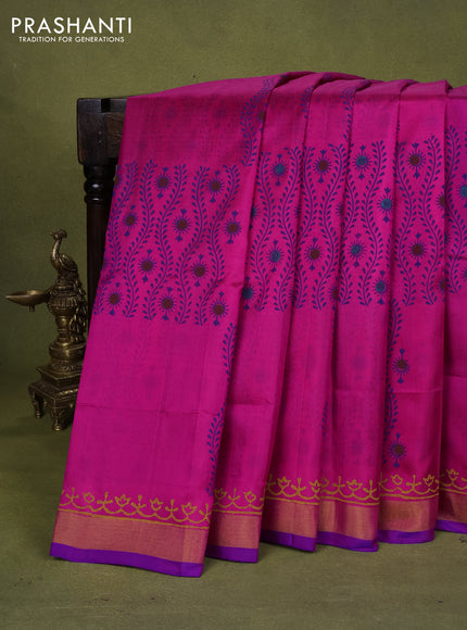 Uppada block printed silk saree pink and blue with allover butta prints and zari woven border