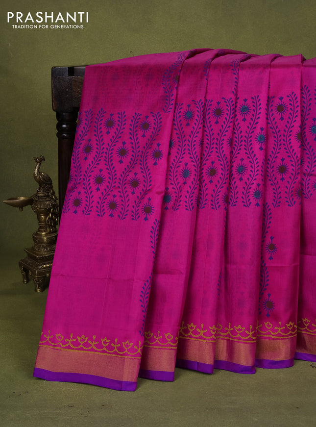 Uppada block printed silk saree pink and blue with allover butta prints and zari woven border