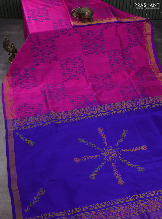 Uppada block printed silk saree pink and blue with allover butta prints and zari woven border