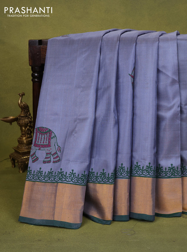 Uppada block printed silk saree grey and green with elephant butta prints and zari woven border