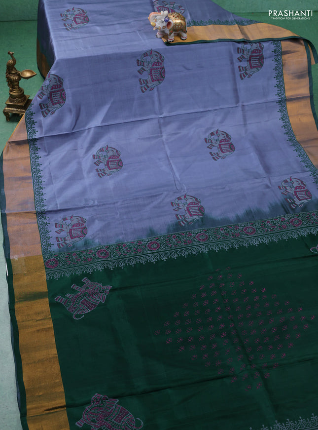 Uppada block printed silk saree grey and green with elephant butta prints and zari woven border