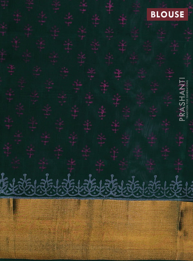 Uppada block printed silk saree grey and green with elephant butta prints and zari woven border