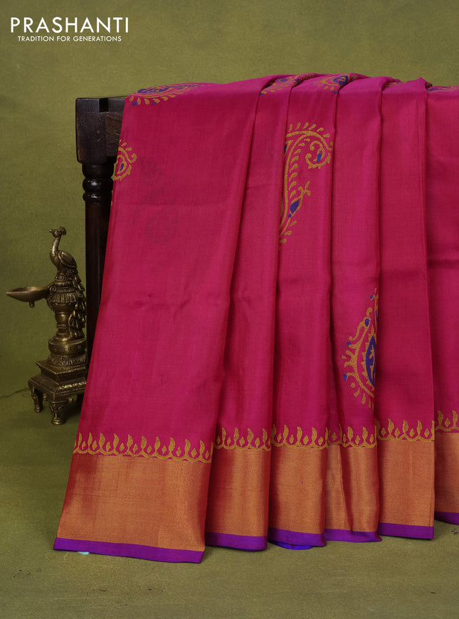Uppada block printed silk saree pink and blue with paisly prints and zari woven border