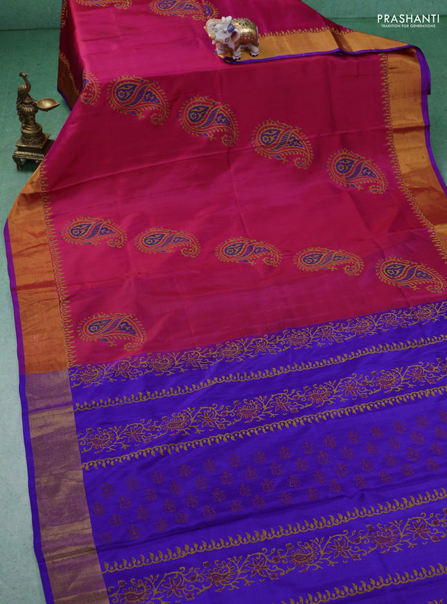 Uppada block printed silk saree pink and blue with paisly prints and zari woven border