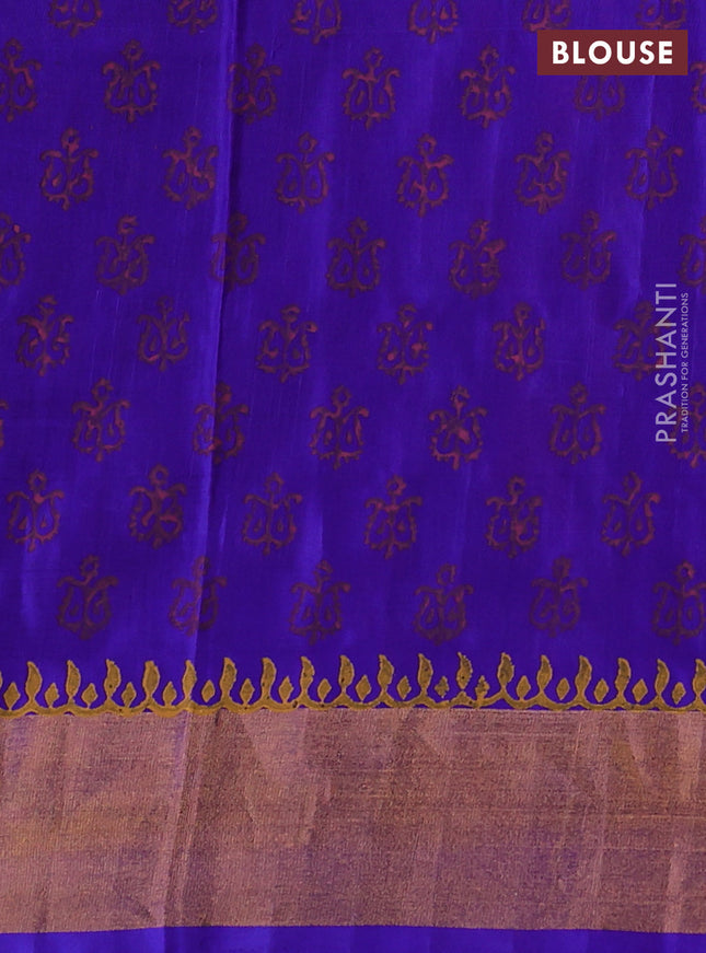 Uppada block printed silk saree pink and blue with paisly prints and zari woven border