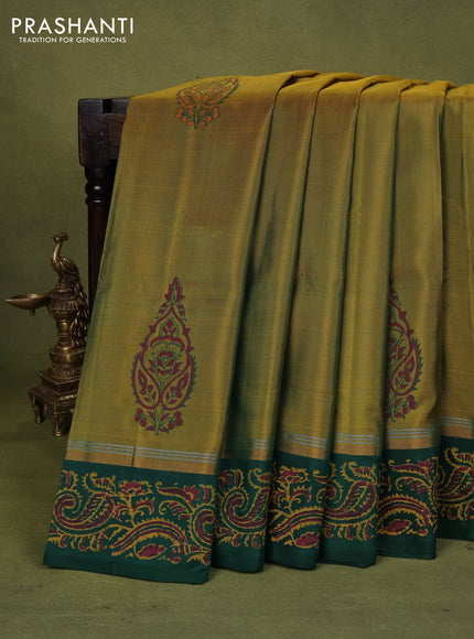 Uppada block printed silk saree dark mustard and green with floral butta prints and zari woven printed border