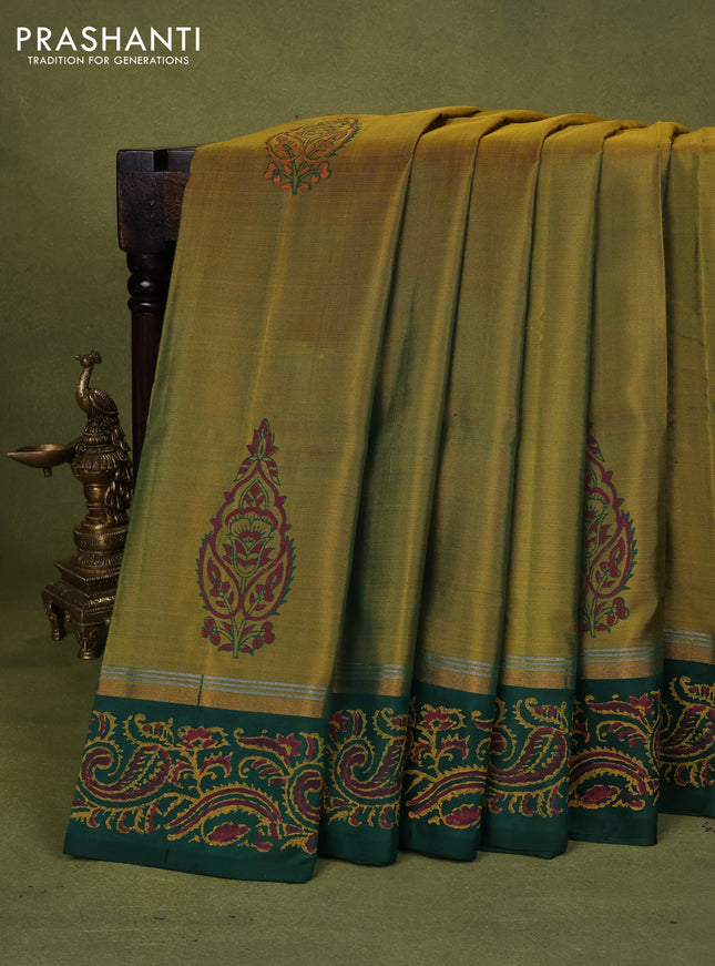 Uppada block printed silk saree dark mustard and green with floral butta prints and zari woven printed border
