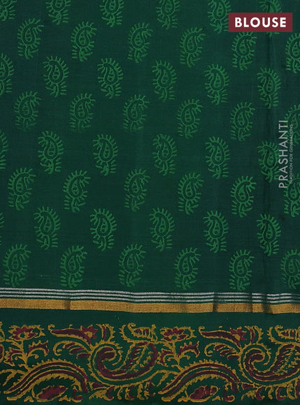 Uppada block printed silk saree dark mustard and green with floral butta prints and zari woven printed border