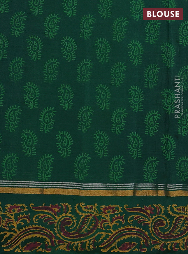 Uppada block printed silk saree dark mustard and green with floral butta prints and zari woven printed border
