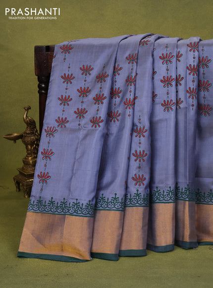 Uppada block printed silk saree grey and green with allover floral butta prints and zari woven border