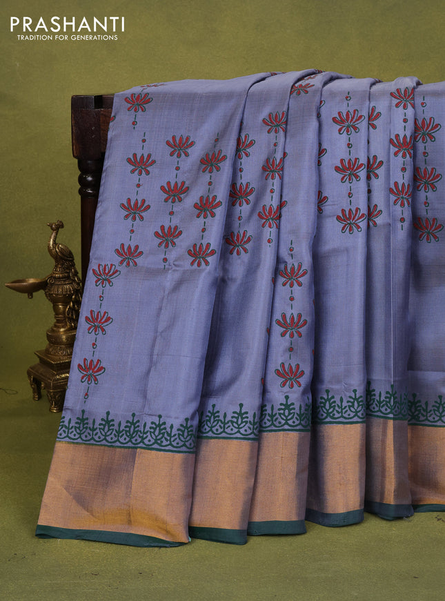 Uppada block printed silk saree grey and green with allover floral butta prints and zari woven border