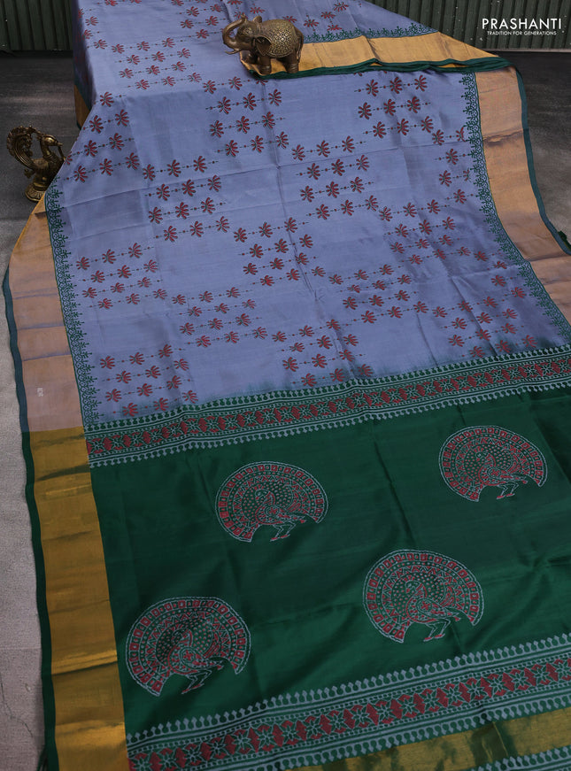 Uppada block printed silk saree grey and green with allover floral butta prints and zari woven border