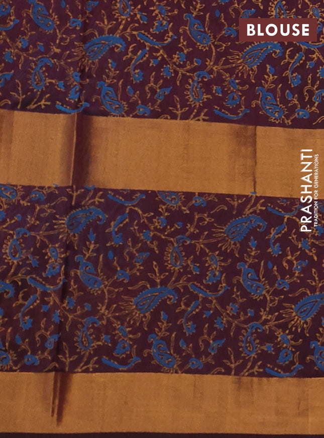 Uppada block printed silk saree peacock blue and brown with paisly prints and long rettapet zari woven printed border